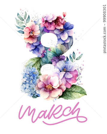 March 8 Happy womens day watercolor flowers lettering greeting card. Vector illustration 99908301