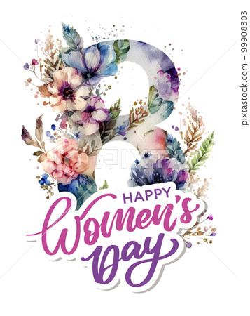 March 8 Happy Women's day greeting card watercolor flowers lettering greeting card. Vector illustration March 8 Happy Women's day greeting card watercolor flowers lettering greeting card. Vector illustration 99908303