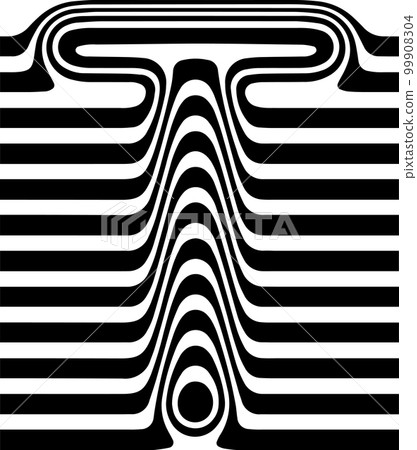 Liquified letter T, 3d striped sign, optical illusion font for opart style logo and monogram. Vector typographic design Liquified letter T, 3d striped sign, optical illusion font for opart style logo and monogram. Vector typographic design 99908304