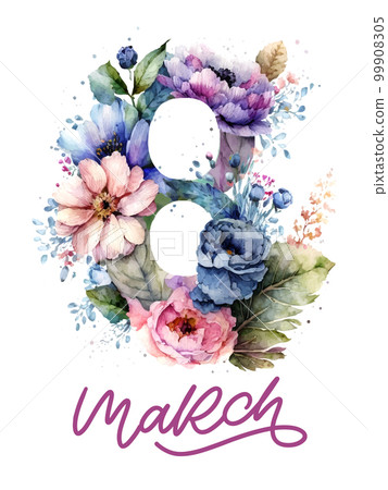 March 8 Happy womens day watercolor flowers lettering greeting card. Vector illustration March 8 Happy womens day watercolor flowers lettering greeting card. Vector illustration 99908305