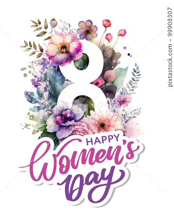March 8 Happy Women's day greeting card watercolor flowers lettering greeting card. Vector illustration March 8 Happy Women's day greeting card watercolor flowers lettering greeting card. Vector illustration 99908307