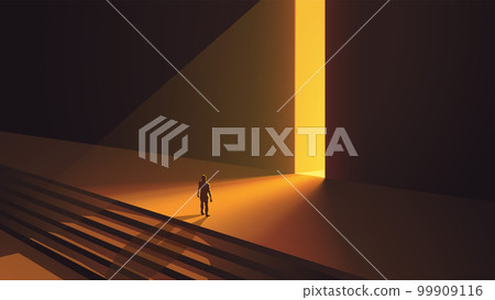 a man standing huge open btight entrance 99909116