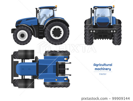 Blue tractor drawing. Isolated agricultural machine. Top, side and front views of farmer vehicle. 3d industrial blueprint 99909144