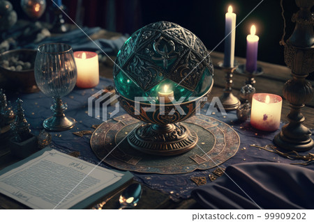 Crystal magic ball and burning candles on wooden table at night. Fortune telling and reading future. Astrology horoscope, esoteric and spiritual growth concept. Created with Generative AI 99909202