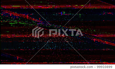 Pixel glitch electronic distortion. Internet interference. Blur neon red green blue color grain texture noise digital artifacts on dark black abstract illustration background. 99910899