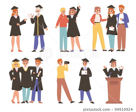 Graduate college students hold diploma, standing with friends and parents. Student get certificate, bachelor degree. University snugly vector characters 99910924