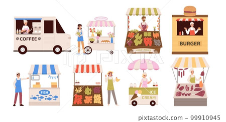 Fresh food market vendors. Local products seller, fish and fresh fruits and vegetables. Flowers and coffee, burger stall. Cartoon sellers snugly vector set 99910945