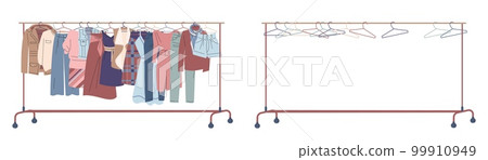 Clothes on racks. Shop cloth hanger empty and with sweater, dress, jeans and jacket. Wardrobe element, female fashion store or shop, kicky vector graphic Clothes on racks. Shop cloth hanger empty and with sweater, dress, jeans and jacket. Wardrobe element, female fashion store or shop, kicky vector graphic 99910949