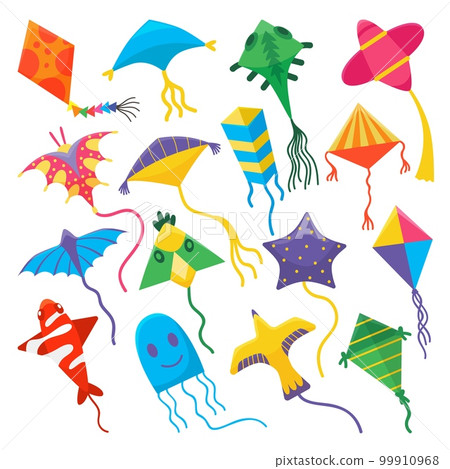 Cartoon kite, kid colorful toys kites on threads flying. Wind free fly toy, isolated childhood summer outdoor game elements. Neoteric vector seasonal set 99910968