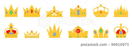 Flat golden crown, king coronation crowns and diadem. Monarch vintage crowned elements. Queen and princess gold royal symbols, decent vector icons Flat golden crown, king coronation crowns and diadem. Monarch vintage crowned elements. Queen and princess gold royal symbols, decent vector icons 99910973