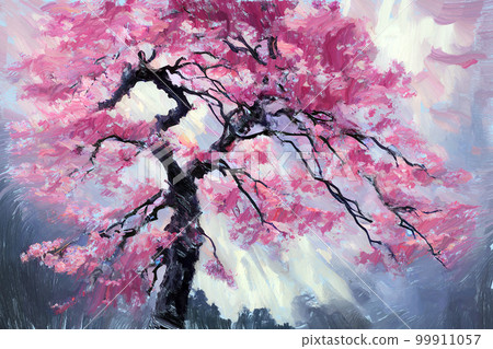 Painting art of pink sakura cherry tree in full blossom Painting art of pink sakura cherry tree in full blossom 99911057