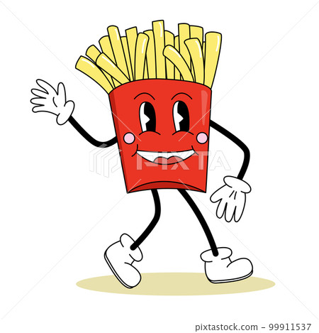 Retro style cute french fries cartoon character with eyes, legs and arms, vector 99911537