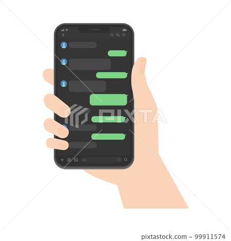 A person's hand holding a smartphone and a talk screen - Image of a smartphone message app - Dark mode A person's hand holding a smartphone and a talk screen - Image of a smartphone message app - Dark mode 99911574
