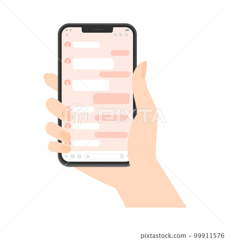 A woman's hand holding a smartphone and a talk screen-Image of a smartphone/message app-Pink A woman's hand holding a smartphone and a talk screen-Image of a smartphone/message app-Pink 99911576