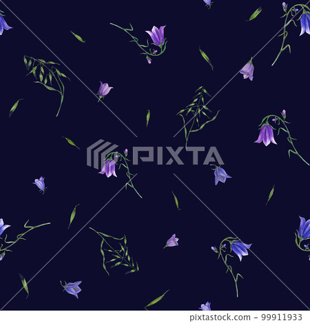 Watercolor seamless pattern of bluebells, wild oats isolated on dark background. For postcard, poster, scrapbooking, invitations, background, prints, wallpaper, fabric, textile, wrapping. 99911933