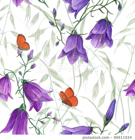 Floral seamless pattern of campanula, wild oats, flying butterflies. Watercolor hand drawn illustration for poster, scrapbooking, invitations, prints, wallpaper, fabric, textile, wrapping. 99911934