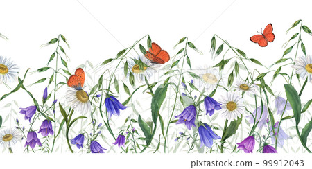 Floral seamless horizontal border with campanula, daisy. wild oats, flying butterflies. Watercolor isolated pattern on green background. For background, prints, wallpaper, fabric, textile, wrapping. 99912043