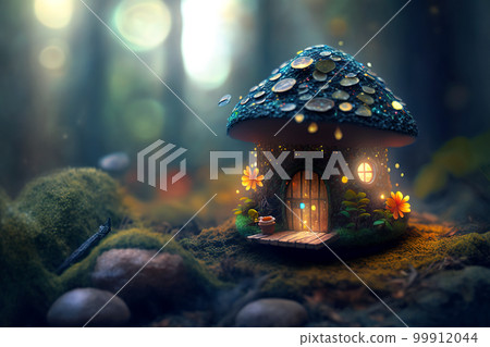 Fantasy hut of tiny forest dweller, macro view of fairy tale home, generative AI 99912044