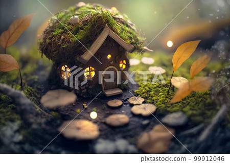 Fantasy home of tiny wood dweller, macro view of fairy tale hut, generative AI 99912046