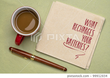 What recharges your batteries? Inspirational self care question on a napkin. 99912834
