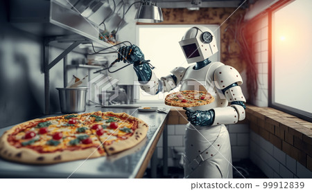 The Future of Civilization and Humanity. Robot chef makes and bakes pizza in the kitchen .Generative AI 99912839