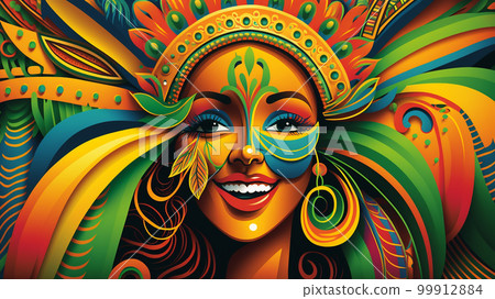a girl in Brazil in a multi-colored costume for the carnival holiday .Generative AI 99912884