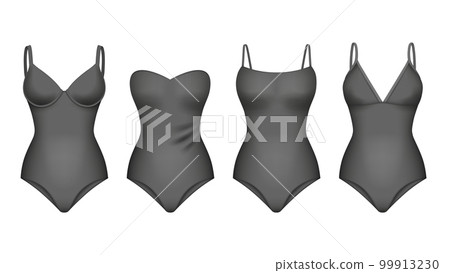Woman swimsuit. Fashioned female sleeveless bodysuit decent vector realistic illustration mockups set 99913230