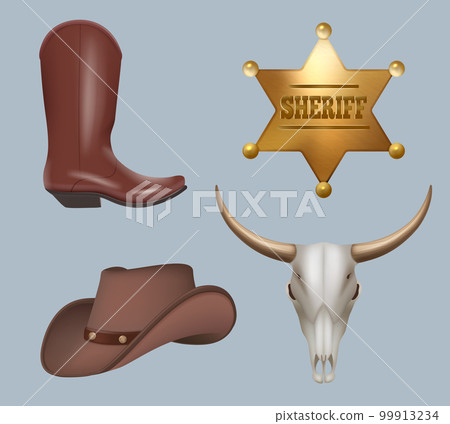 Wild west. Cowboy realistic items money hat weapon skull boots decent vector templates Wild west. Cowboy realistic items money hat weapon skull boots decent vector templates 99913234
