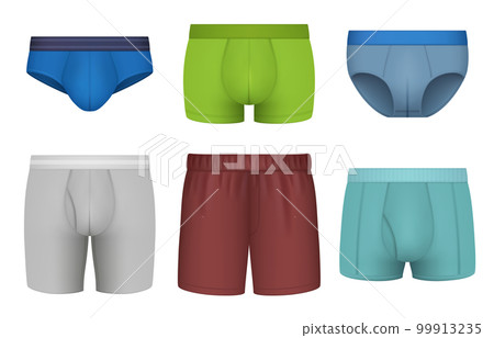 Men panties. Different type of male underwear blank clothes decent vector realistic template of lingerie pictures Men panties. Different type of male underwear blank clothes decent vector realistic template of lingerie pictures 99913235