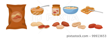 Peanut Product with Butter in Jar and Pack of Snack Vector Set Peanut Product with Butter in Jar and Pack of Snack Vector Set 99913653
