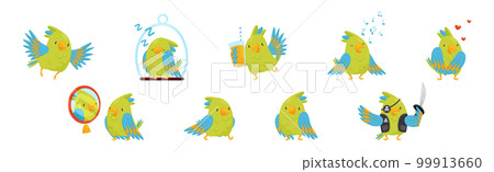 Funny Parrot with Green Feathers in Different Activities Vector Set Funny Parrot with Green Feathers in Different Activities Vector Set 99913660
