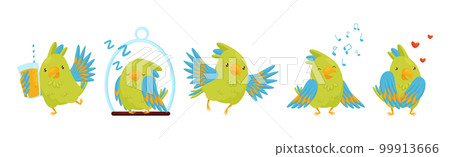 Funny Parrot with Green Feathers in Different Activities Vector Set 99913666