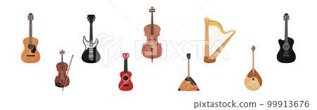 Musical Instrument with Stringed Guitar, Violin, Harp and Balalaika Vector Set 99913676