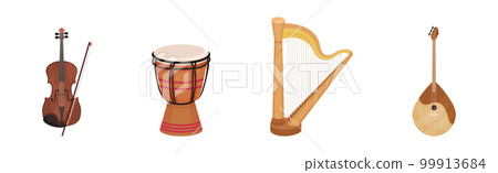 Musical Instrument with Stringed Violin, Drum, Harp and Balalaika Vector Set Musical Instrument with Stringed Violin, Drum, Harp and Balalaika Vector Set 99913684