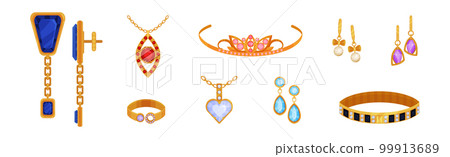 Jewellery or Jewelry Item as Personal Adornment with Earrings and Pendant Ornament Vector Set Jewellery or Jewelry Item as Personal Adornment with Earrings and Pendant Ornament Vector Set 99913689