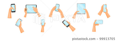 Human Hands Using Tablet PC and Smartphone Holding Gadget with Touchscreen Vector Set 99913705