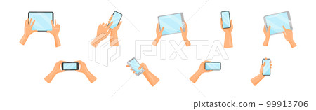 Human Hands Using Tablet PC and Smartphone Holding Gadget with Touchscreen Vector Set 99913706