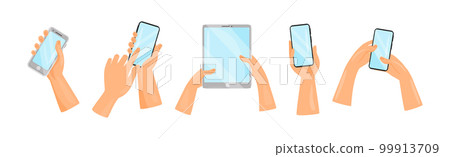 Human Hands Using Tablet PC and Smartphone Holding Gadget with Touchscreen Vector Set Human Hands Using Tablet PC and Smartphone Holding Gadget with Touchscreen Vector Set 99913709