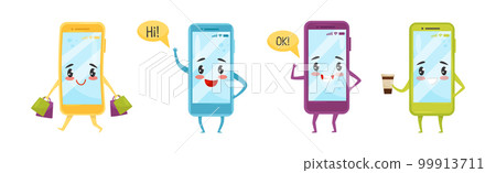 Cute Happy Smartphone Character Engaged in Different Activity Vector Set Cute Happy Smartphone Character Engaged in Different Activity Vector Set 99913711