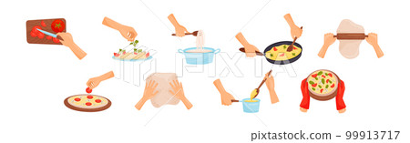 Hands Preparing Food Process of Cooking Vector Set Hands Preparing Food Process of Cooking Vector Set 99913717