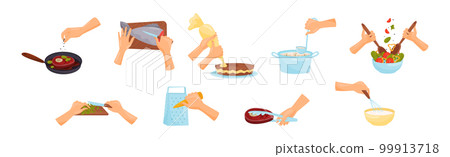 Hands Preparing Food Process of Cooking Vector Set Hands Preparing Food Process of Cooking Vector Set 99913718
