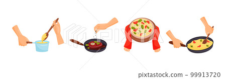 Hands Preparing Food Process of Cooking Vector Set Hands Preparing Food Process of Cooking Vector Set 99913720