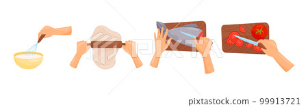 Hands Preparing Food Process of Cooking Vector Set Hands Preparing Food Process of Cooking Vector Set 99913721
