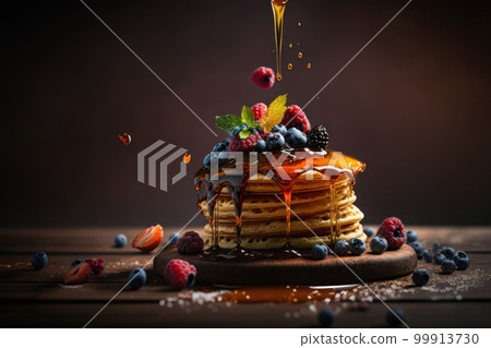 Scene of pouring maple syrup on delicious pancakes and lots of berries 99913730