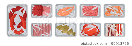 Meat Trays Keeping Food Frozen in Polyethylene Whole Package Vector Set Meat Trays Keeping Food Frozen in Polyethylene Whole Package Vector Set 99913736