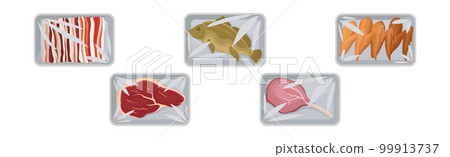 Meat Trays Keeping Food Frozen in Polyethylene Whole Package Vector Set Meat Trays Keeping Food Frozen in Polyethylene Whole Package Vector Set 99913737