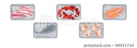 Meat Trays Keeping Food Frozen in Polyethylene Whole Package Vector Set Meat Trays Keeping Food Frozen in Polyethylene Whole Package Vector Set 99913738