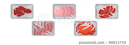 Meat Trays Keeping Food Frozen in Polyethylene Whole Package Vector Set 99913739