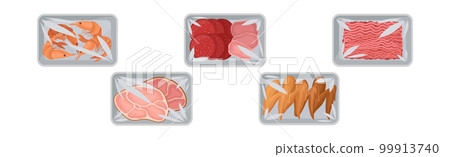 Meat Trays Keeping Food Frozen in Polyethylene Whole Package Vector Set 99913740