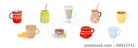 Autumn Hot Drinks in Glass and Mug with Straw Vector Set 99913741